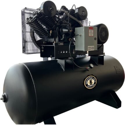 Front angle of Industrial Gold horizontal air compressor, featuring a dual-cylinder pump, electric motor, and heavy-duty steel tank with brand emblem. Get it at Wrenchers.com
