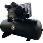 Rear side view of Industrial Gold horizontal air compressor, highlighting the motor, protective guard, and durable horizontal tank design. Get it at Wrenchers.com