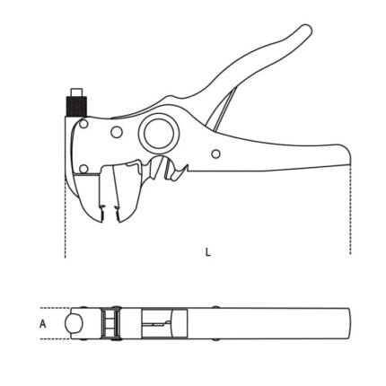 Technical line drawing of the Beta Tools 1148B automatic wire stripper, showing dimensions labeled L and A for precise specification reference. Get it at Wrenchers.com