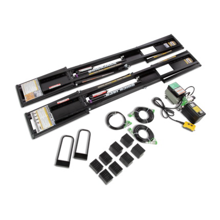 The QuickJack 6000TLX complete lift kit includes extended frames, hydraulic power unit, hoses, rubber blocks, and accessories for fast, professional vehicle lifting anywhere.