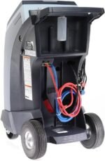 Rear view of a Robinair automotive A/C service machine showing the hose storage bay, red and blue service hoses, internal oil bottle holder, and large rear wheels for easy maneuvering in repair shops