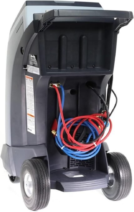 Rear view of the Robinair 34788NI-H showing organized hose storage, service ports, and rugged wheels designed for easy mobility in busy automotive repair shops