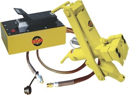 ESCO hydraulic bead breaker kit with foot-operated hydraulic pump, yellow steel bead breaker tool, high-pressure hoses, and quick-connect fittings