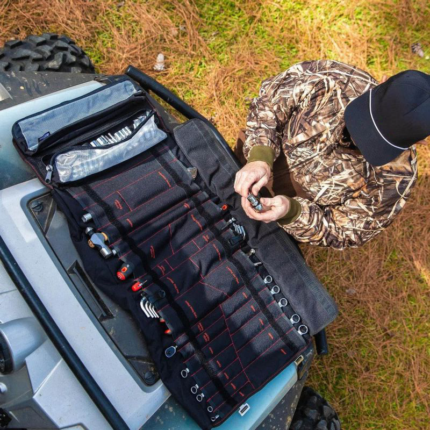 Compact UTV tool roll made from Cordura nylon with labeled pockets