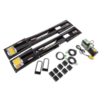The QuickJack 8000TLX complete kit includes extended frames, hydraulic power unit, hoses, rubber blocks, and accessories for fast, heavy-duty vehicle lifting.