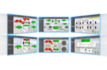 Six wheel alignment software screens showing various vehicle measurement graphics, adjustment visualizations, and alignment data layouts