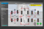 Wheel alignment software screen showing detailed vehicle measurement readouts, including toe, track width differences, thrust angle, and visual diagram of all four wheels