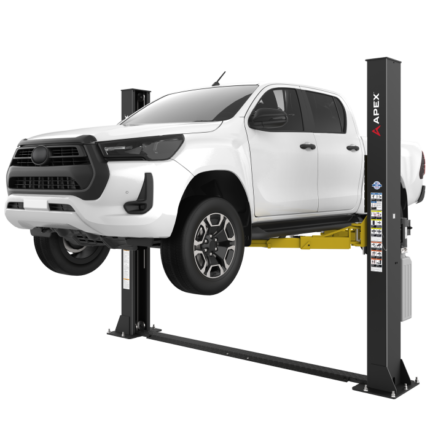 APEX AL9LC two post floorplate car lift designed for low ceiling automotive shops. A compact 9000 lb lift solution available at for professional service bays.