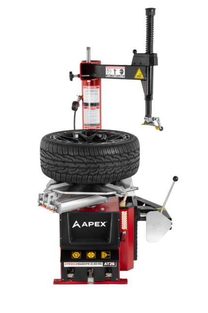 APEX AT26 tire changer showing high-torque electric turntable and swing arm design