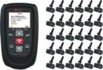 Tire pressure monitoring system kit with handheld diagnostic tool and 24 wireless TPMS sensors arranged beside the scanner