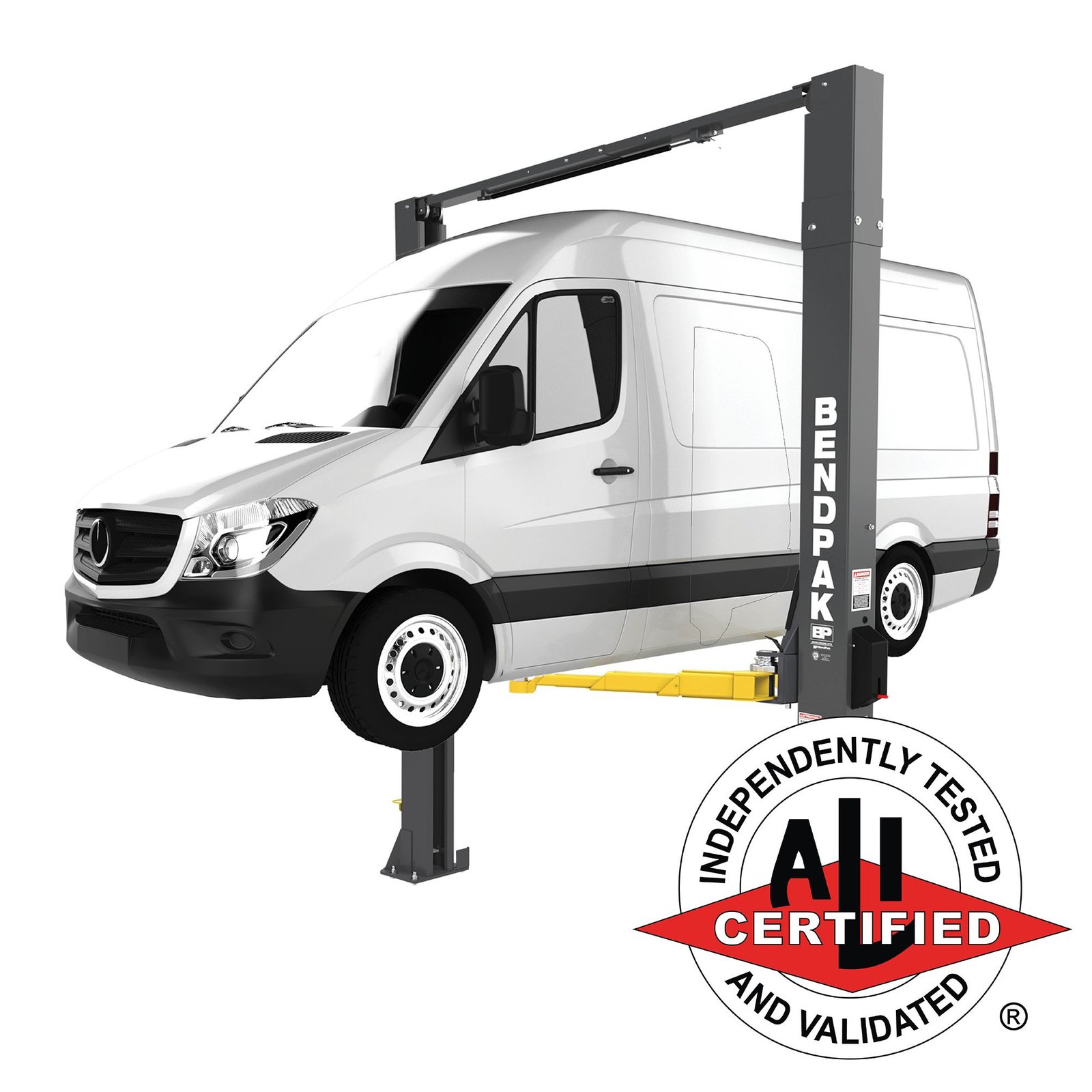 BendPak 10AP-168 Two-Post Lift Lift tall cargo vans and full-size vehicles with confidence using the BendPak 10AP clearfloor two-post lift (SKU 5175305). Features 10,000 lb capacity, extended height, symmetric arms, and ALI certification for professional shops