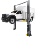 BendPak 20AP-192 extended height two-post lift angled view with truck elevated, 20,000 lb rating, SKU 5175615.