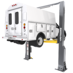 BendPak 20AP-192 super duty two-post lift rear angle with service body truck raised, SKU 5175615.