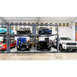 The BendPak PL-12000DPS four-post lift (SKU 5175552) is designed for collectors and performance garages, creating efficient multi-car storage through vertical stacking and drive-on convenience.