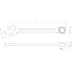 Technical diagram of Beta Tools 142AS8 combination wrench, showing dimensional specifications for the open-end and ratcheting box-end layout. Get it at Wrenchers.com