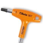 Close-up of the Beta Tools 96T T-Handle Hex Key head, showing the 8mm marking and molded orange handle design. Get it at Wrenchers.com