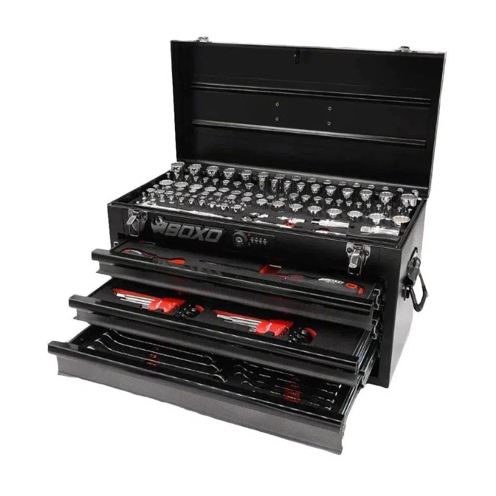 159-Piece Metric and SAE Combo 3-Drawer Hand Carry Tool Box BoxoUSA 159-piece metric and SAE tool set in 3-drawer hand carry tool box