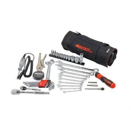 Organized sockets and combination wrenches inside the motorcycle tool roll.