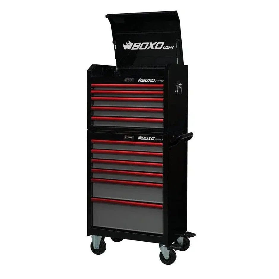 26" Pro Series Toolbox,Top and Bottom Empty Boxo Pro Series 26-inch 11-drawer rolling tool box in white and red finish - Wrenchers