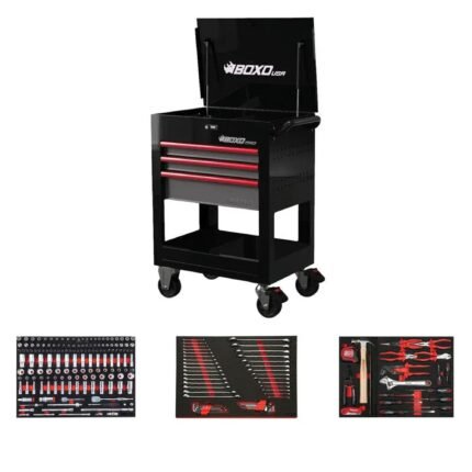 Boxo 28-inch 3-drawer flip top service cart with 222-piece master tool set - Wrenchers