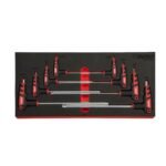 Sockets, impact sockets, and ratchets arranged in foam drawers