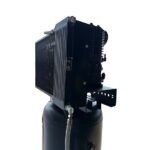 Side view of Industrial Gold vertical air compressor, showing the heavy-duty cooling system, twin-cylinder pump, and durable steel tank design. Get it at Wrenchers.com