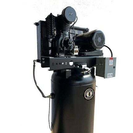 Industrial Gold CI521E80V-P vertical air compressor, featuring a powerful electric motor, belt-driven pump, and control panel mounted on an 80-gallon tank. Get it at Wrenchers.com