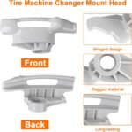 Front and back views of the TC184432 tire changer mount head with close-up callouts highlighting winged design, rugged material, and long-lasting construction