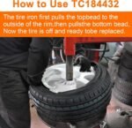 Technician removing a tire using the TC184432 mount head, demonstrating bead pulling process during demounting
