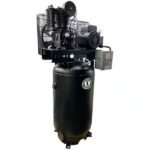 Angled view of Industrial Gold CI7521E80V stationary air compressor, showing the heavy-duty motor, cooling fins, and 80-gallon vertical tank. Get it at Wrenchers.com