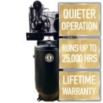 Industrial Gold vertical air compressor with promotional text, highlighting “Quieter Operation,” “Runs up to 25,000 hrs,” and “Lifetime Warranty.” Get it at Wrenchers.com