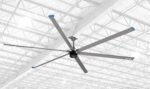 Rendered view of the Cool Boss CB-16 HVLS fan suspended in a large warehouse ceiling, highlighting its six-blade design and wide air coverage