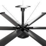 Close-up of the Cool Boss CB-16 HVLS industrial overhead fan showing the heavy-duty hub, six aerodynamic aluminum blades, and safety cables connected to the mount