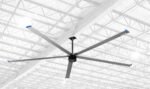 Close-up of the Cool Boss CB-20 HVLS fan hub and mounting assembly showing durable bolts, suspension cables, and heavy-duty structural support