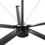 Bottom-up view of the Cool Boss CB-24 HVLS industrial fan showing support cables, mount bracket, and durable blade connections for safe overhead installation