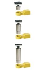 Three sets of yellow lift pad receivers paired with different heights of cylindrical stackable extensions for adjusting lift pad reach