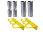 Assortment of metal adapter sleeves in multiple heights with two yellow steel holders designed to organize and store the sleeves