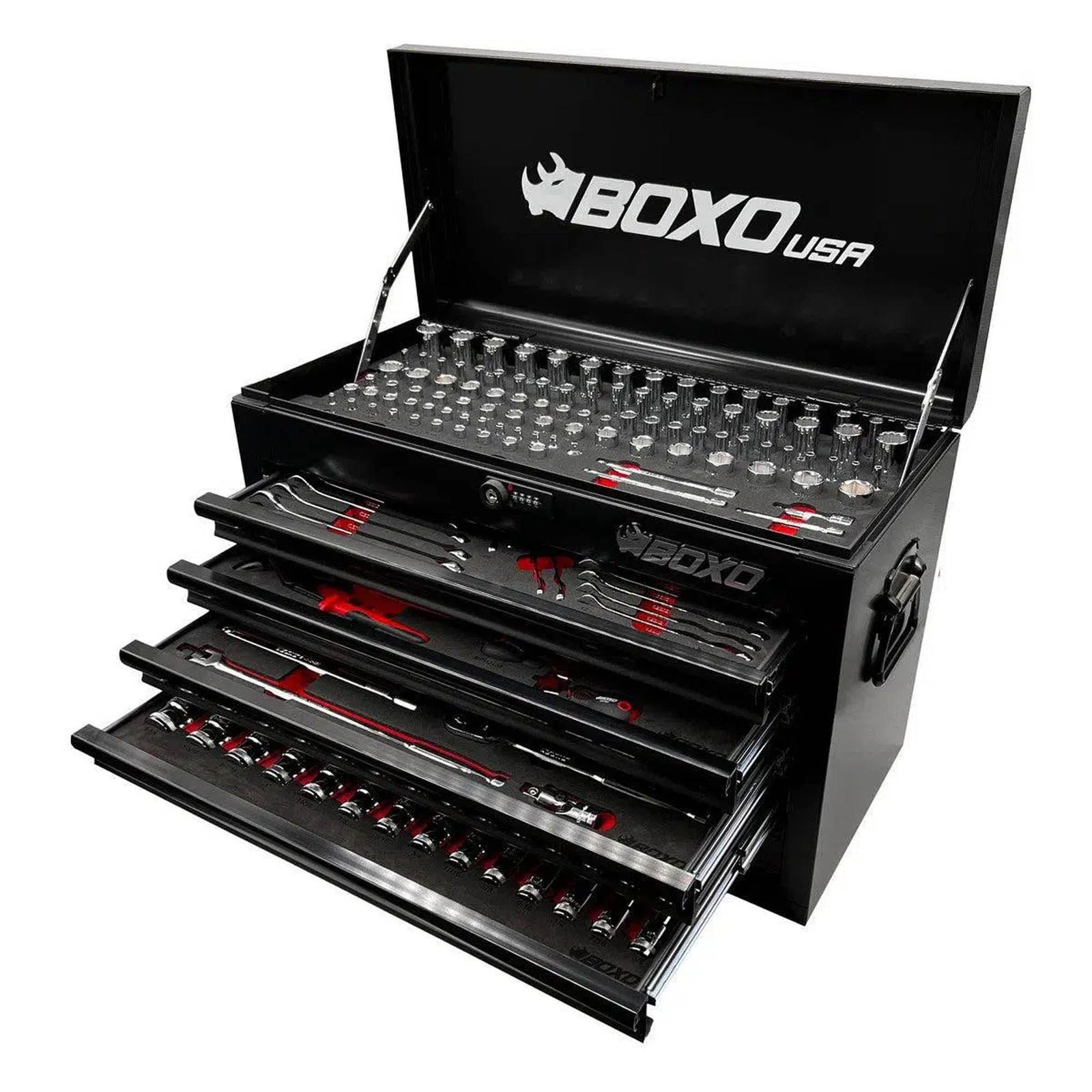 238-Piece Metric and SAE Combo 5-Drawer Hand Carry Tool Box BoxoUSA 5-drawer toolbox loaded with 238-piece metric and SAE tool kit