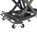 With its fold-away push handle, the BendPak EVS3000 mobile scissor lift table (SKU 5175611) stores easily while still offering quick maneuverability around crowded service bays