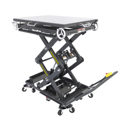 Shown in the lowered position, the BendPak EVS3000 lift cart (SKU 5175611) offers easy drive-under access and smooth hydraulic lifting for EV battery packs and heavy assemblies in modern service bays