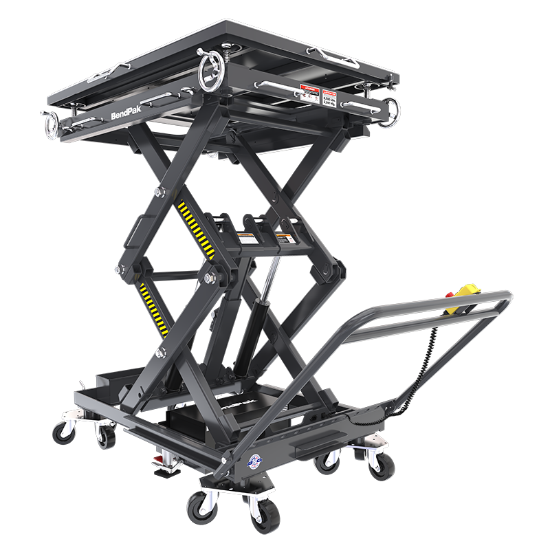 EVS4500 BendPak EVS4500 mobile scissor lift hero shot showing the raised heavy duty platform, integrated casters, and handle for EV battery service and component handling. EVS4500