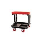 Ranger RST-1WS rolling work seat with cushioned red vinyl top, heavy-duty steel frame, and built-in tool tray designed for mobility and comfort in automotive service environments