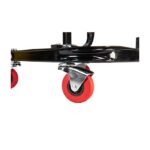 Detailed view of a Ranger RST-1WS caster wheel, showcasing its sturdy hardware and shock-resistant red polyurethane wheel for reliable shop performance