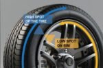 Match-mounting graphic illustrating alignment of the tire’s high spot with the rim’s low spot to reduce runout and improve ride quality