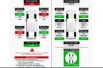 Wheel alignment results sheet showing camber, caster, and toe readings for all four wheels with green and red status indicators