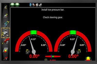 Diagnostic screen displaying live toe and steering gear measurements for precise OEM-approved wheel alignment