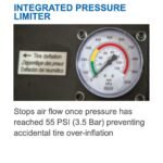Integrated pressure limiter gauge on the Hofmann Monty 1675-SS tire changer showing automatic air cutoff at 55 PSI to prevent over-inflation