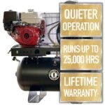 Industrial Gold CI3GEH30 air compressor with promotional highlights, showing “Quieter Operation,” “Runs up to 25,000 Hrs,” and “Lifetime Warranty.” Get it at Wrenchers.com