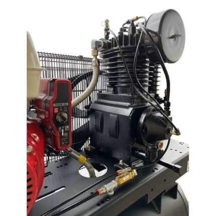 Close-up of Industrial Gold CI3GEH30 compressor pump assembly, showcasing the heavy-duty cooling fins, braided lines, and durable cast-iron build. Get it at Wrenchers.com