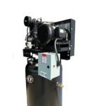 Rear angle of Industrial Gold CI7523E80V air compressor, showing electric motor, control box, and durable vertical tank construction. Get it at Wrenchers.com